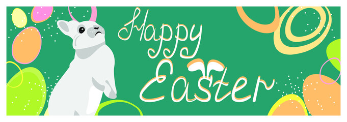 happy easter banner poster greeting eggs written text white rabbit