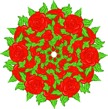 Beautiful vector ornament with red roses and green leaves