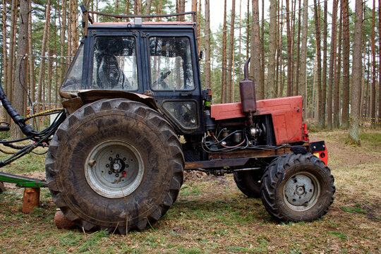 Part of old tractor in the forest to transport timber in the forest among the pine trees. The concept of cutting down trees.
