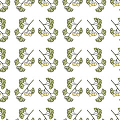 Seamless pattern of ginkgo branches with yellow berries on a white background.