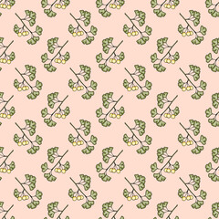 Seamless pattern of ginkgo biloba plant branches with green leaves and yellow berries on pink  background.
