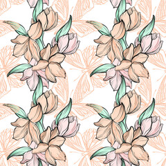 beautiful seamless pattern with hand-drawn flowers and butterflies. Summer motives in a watercolor theme. Ideal for banners, flyers, backgrounds, prints, invitations, fabrics. EPS10