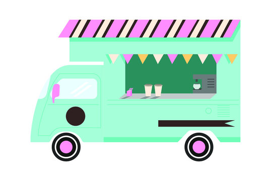 a blue food truck with an open display case and a striped awning above the bar. isolated vector image.