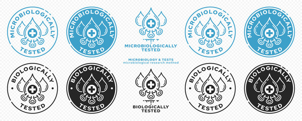 Concept for product packaging. Marking - microbiologically and biologically protected. Micromolecule with text drops. Vector elements.