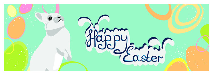 happy easter banner poster greeting eggs written text white rabbit on blue background