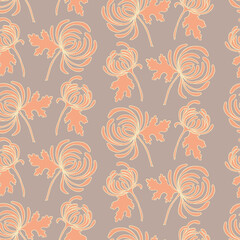 Seamless pattern with a print of branches of orange chrysanthemums and leaves with a yellow outline on a beige background.