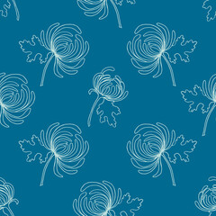 Fototapeta na wymiar Seamless pattern from flowering branches of chrysanthemum, print in white outline on a blue background.