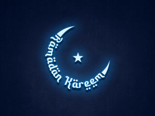 Ramadan Kareem Neon light background. Ramadan Kareem moon shape typo neon light Islamic background. © DOERS