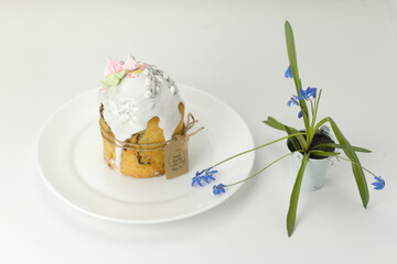 Orthodox Easter cake on a white plate with blue spring flower in a pot side view at an angle on the table