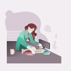 Girl sitting at the table, create a comfortable environment, works, draws, studies. Vector art.