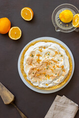 Lemon pie with meringue. Tart. Bakery products. Dessert.