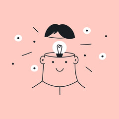 Think out of the box, creative design thinking, the lamp inside of the human head. Thin line hand-drawn vector illustration on pink background.