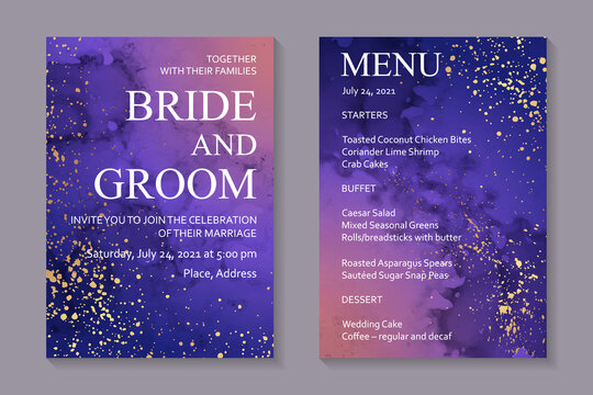 Modern Space Background Or Watercolor Card Design For Birthday Invite Or Wedding Or Menu With Abstract Purple Ink Clouds And Golden Splashes On A White. Colored With Overlay Layers, Easy To Recolor.