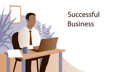 Young businessman afro american in tie works in the office. Sits at the table with a laptop. Banner with place for text. Vector illustration.