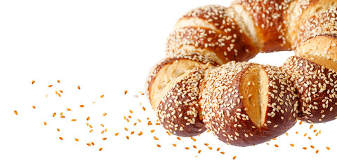 Fresh baked pretzel buns with sesame seeds.