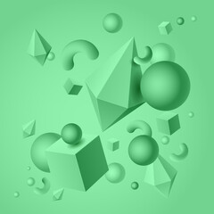 Abstract background with the image of color geometric 3d shapes of cubes, rhombuses, squiggles, balls, vector illustration 10EPS