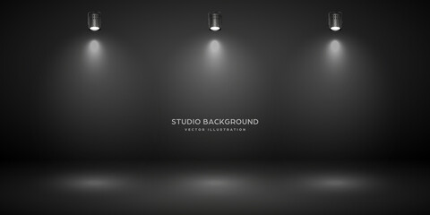 Empty gray studio abstract background with spotlights. Product showcase backdrop. Stage lighting. Vector illustration.