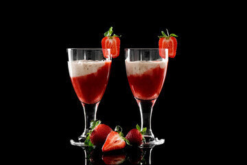 Strawberry and Strawberry Smoothie. Strawberry dessert. Black glossy background. Reflection. Place for your text.