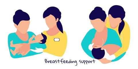 Celebrating Breastfeeding Support Week, 1-7 August. The lactation adviser helps the mother attach the newborn baby. Postpartum support, nursing mothers care. Communicating breastfeeding issues. EPS10  - obrazy, fototapety, plakaty
