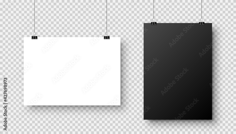 Wall mural realistic blank hanging paper sheets in a4 size with shadow on checkered background. black and white