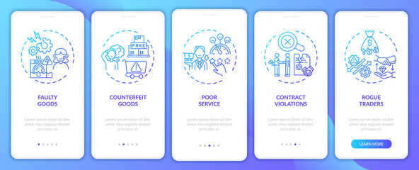 Customer rights violation onboarding mobile app page screen with concepts. Fake products, contract walkthrough 5 steps graphic instructions. UI, UX, GUI vector template with linear color illustrations