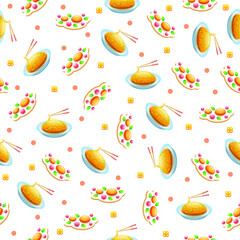 Seamless Pattern Abstract Elements Noodles And Omelette Fast Food Vector Design Style Background Illustration