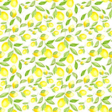 Watercolor lemon. Lemons pattern. Lemons are painted with watercolors.