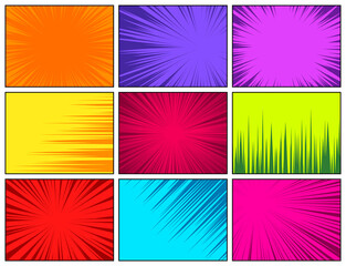 Comic book colorful radial lines collection. Cartoon comics background with motion, speed lines. Retro Pop Art style. Vector illustration.