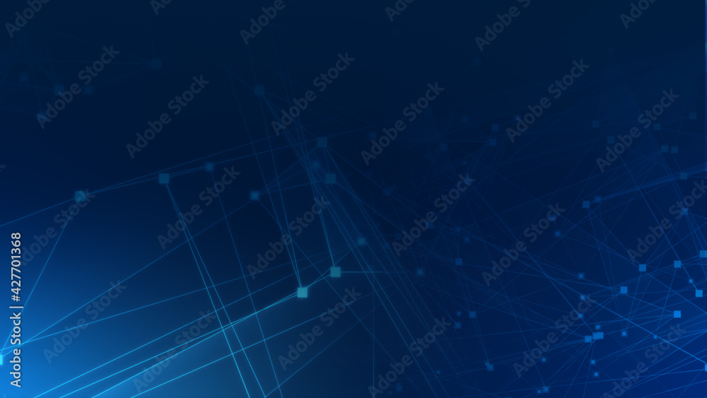 Poster Abstract blue polygon tech network with connect technology background. Abstract dots and lines texture background. 3d rendering.