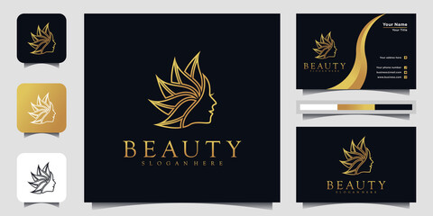 Beauty woman face logo with golden line art style and busines card for beauty salon Premium Vector