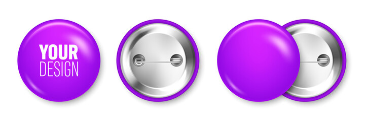 Realistic purple blank badge isolated on white background. Glossy 3D round button. Pin badge, brooch mockup for product promotion and advertising. Vector illustration.