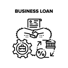 Business Loan Vector Icon Concept. Business Loan For Start Startup, Processing In Financial Structure And Handshaking With Creditor After Finance Deal. Money For Development Black Illustration
