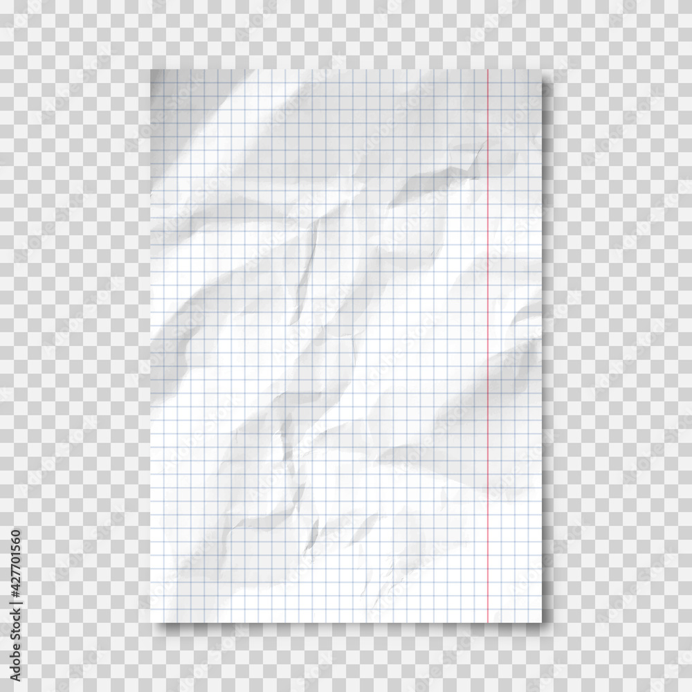 Wall mural realistic blank crumpled paper sheet in a4 format on transparent background. notebook page, document