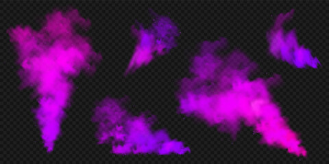 Realistic purple colorful smoke clouds, mist effect. Colored fog on dark background. Vapor in air, steam flow. Vector illustration.