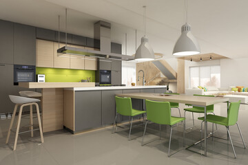 Modern interior of kitchen with living room. 3D Render