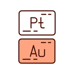 Precious metals RGB color icon. Platinum, silver, gold. Financial asset. High economic value. Mining, refining processes. Jewelry and coinage. Use in industries. Isolated vector illustration