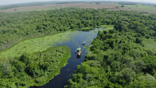 aerial image with boat drone on a river in the middle of the Pantanal Mato Grosso do Sul Brazil