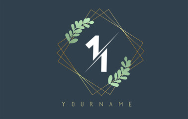 Number 11 1  Logo With golden square frames and green leaf design. Creative vector illustration with number 1.