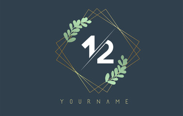 Number 11 1  Logo With golden square frames and green leaf design. Creative vector illustration with numbers 1 and 2.