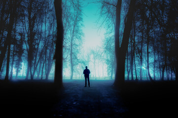 duch mężczyzny we mgle w nocy na cmentarzu - obrazy, fototapety, plakaty
