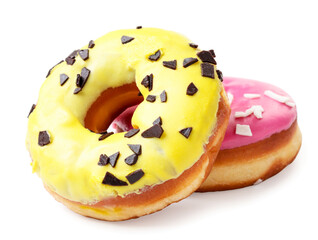 Two glazed donuts on a white background. Isolated