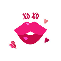 Kissing concept. Xo Xo. Vector illustration of cartoon lips with hearts. 