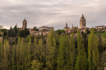 View of the Cathedral of Segovia and the Romanesque church of San Esteban