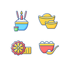 China national holidays RGB color icons set. Rice bowl. Gold ingots. Mooncakes. Moon hare. Chinese funeral tradition. Wealth, prosperity symbol. Bakery product. Isolated vector illustrations