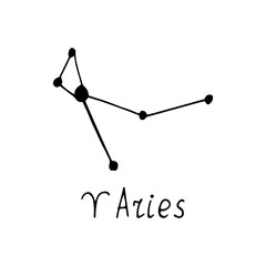 constellation aries icon and lettering. hand drawn doodle style. vector, minimalism, monochrome, sketch. zodiac sign, horoscope.