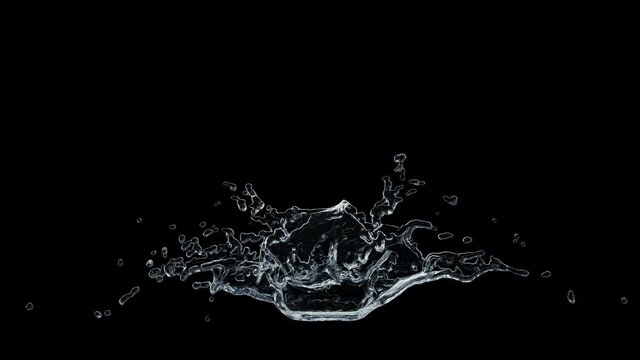 Water splash super slow-motion with droplets on black background. 3d illustration.