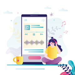 Female character listening to audio through app. Сute girl with headphones enjoys track