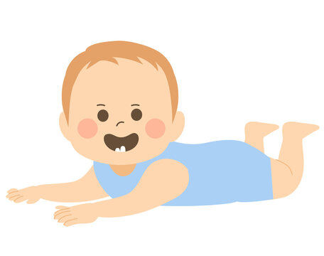 Cute baby boy smiling showing first teeth on tummy time pose