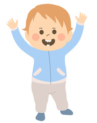 Cute happy baby boy first steps walking with arms up