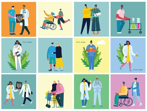 Vector background with disabled people, young handycap persons and friends near helping. World Disability Day.